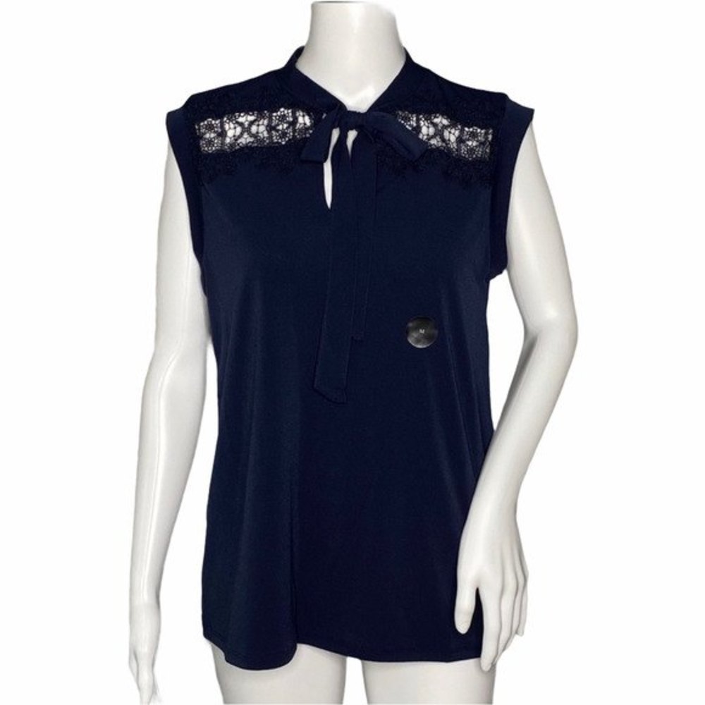 3/$15! Banana Republic Factory Blouse Navy Blue Lace Yoke Tie Neck Short Sleeve